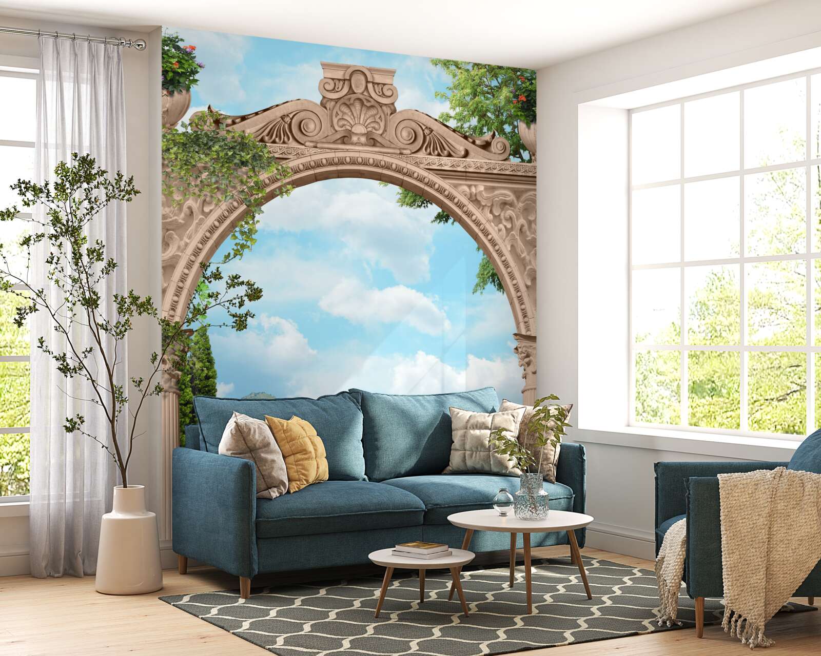 Fototapeten Loggia mit gewölbten Türen und einer schönen Landschaft