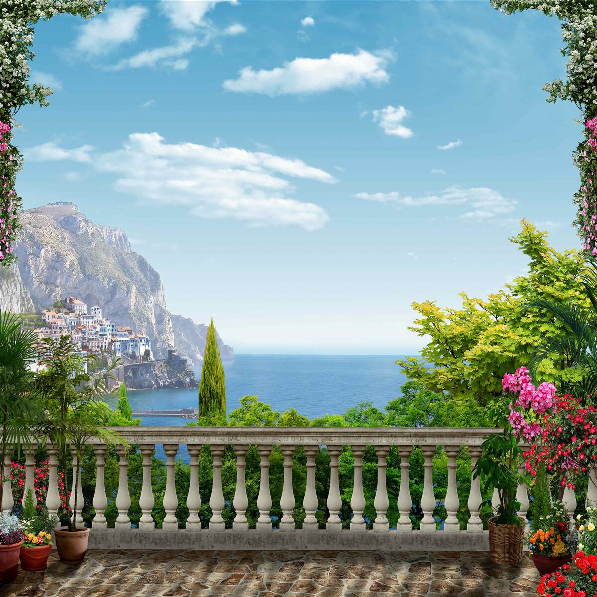 Fototapeten Panorama aus dem Balkon mit Blick auf die Berge und das Meer