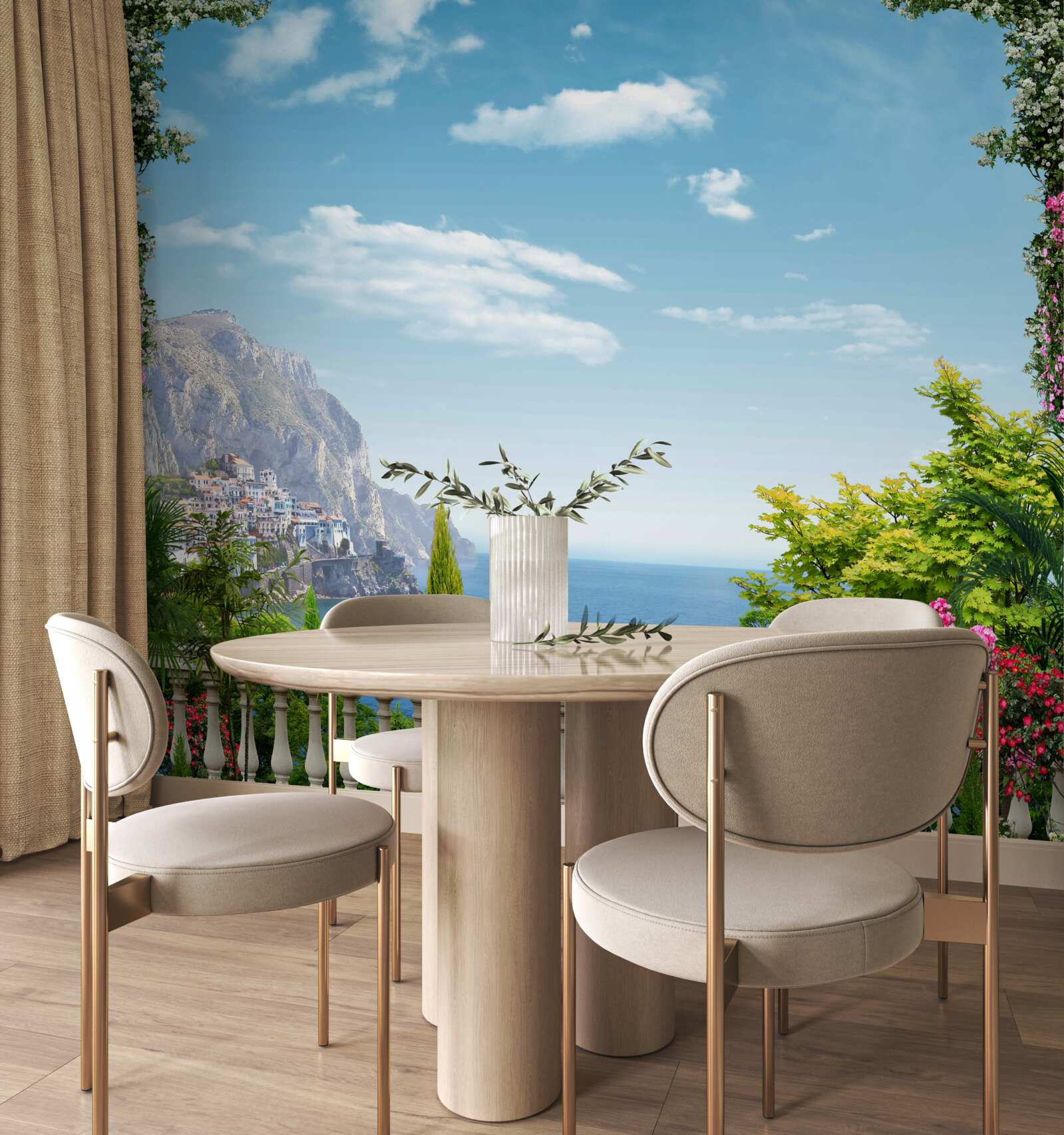 Fototapeten Panorama aus dem Balkon mit Blick auf die Berge und das Meer