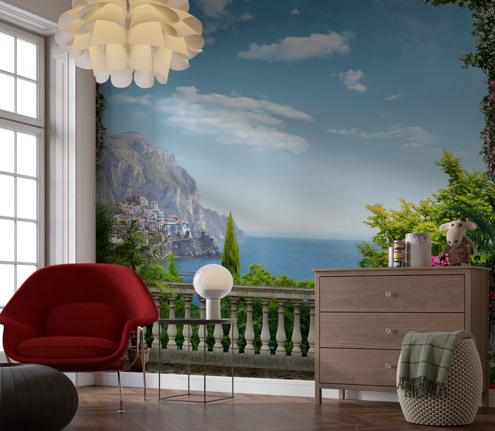 Fototapeten Panorama aus dem Balkon mit Blick auf die Berge und das Meer