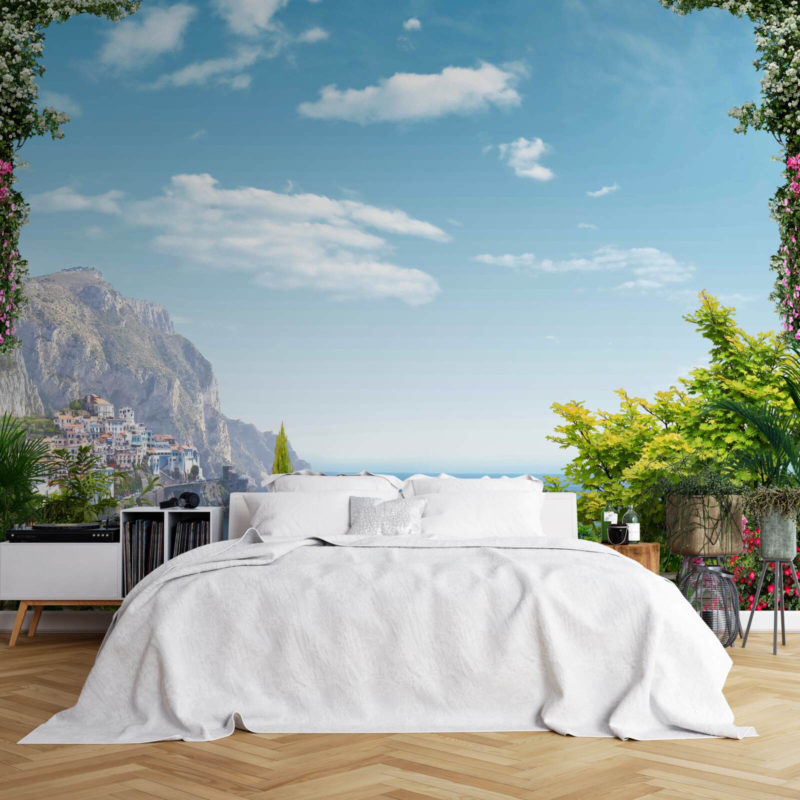 Fototapeten Panorama aus dem Balkon mit Blick auf die Berge und das Meer
