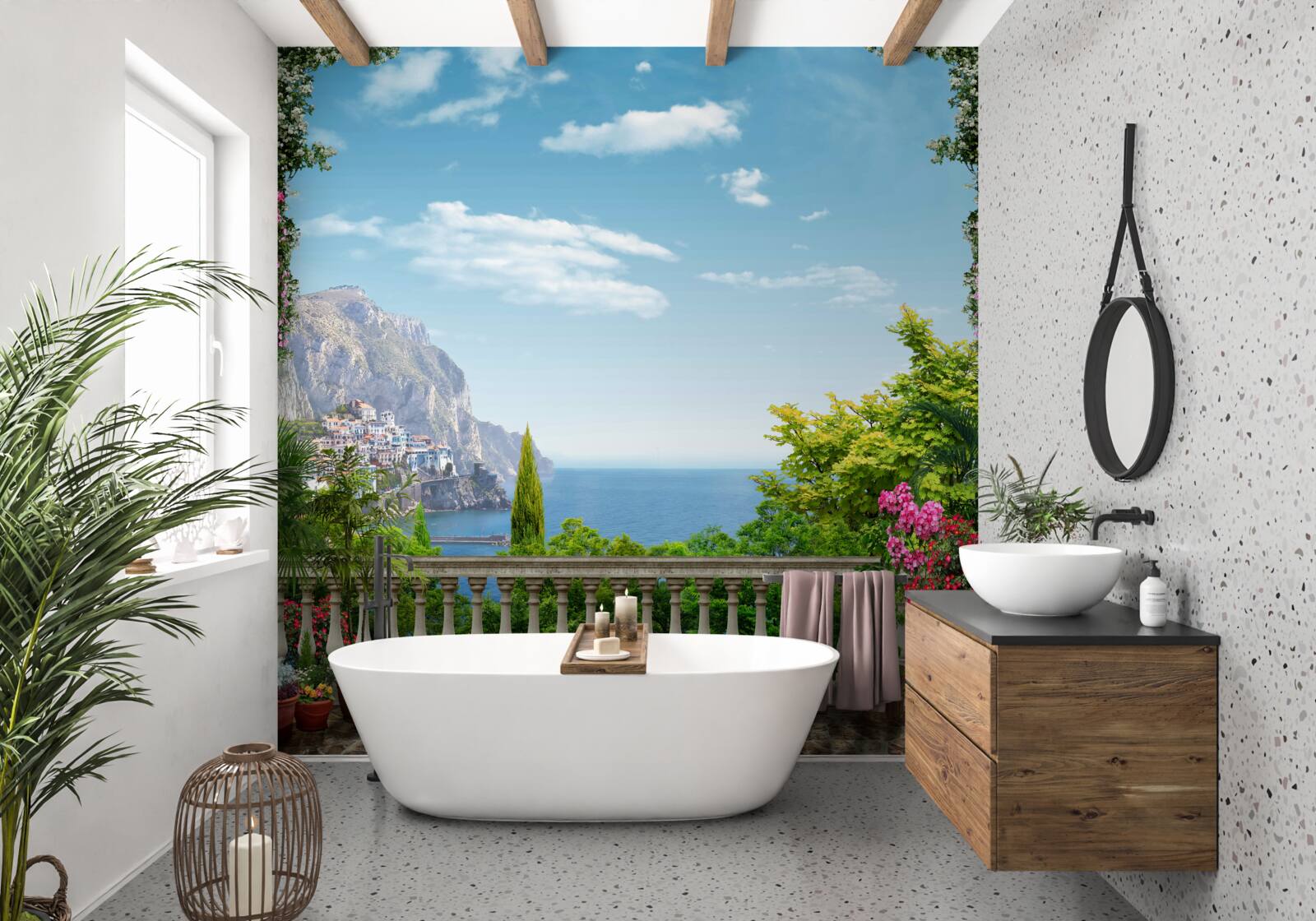 Fototapeten Panorama aus dem Balkon mit Blick auf die Berge und das Meer