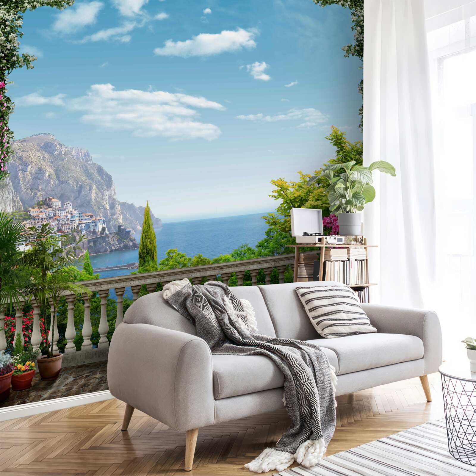Fototapeten Panorama aus dem Balkon mit Blick auf die Berge und das Meer