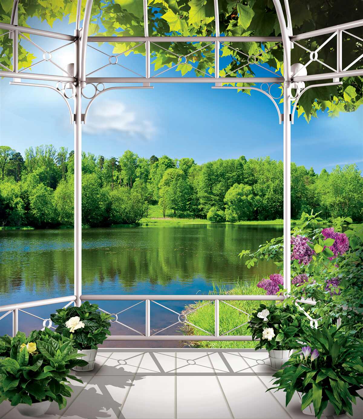 Fototapeten Pavillon mit Pflanzen am Teich