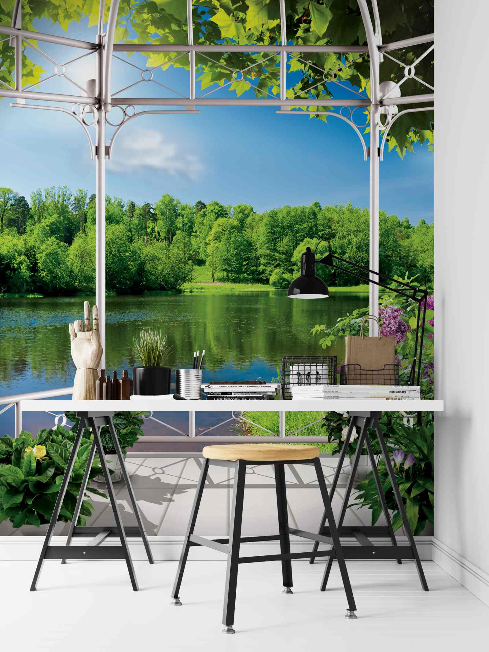 Fototapeten Pavillon mit Pflanzen am Teich