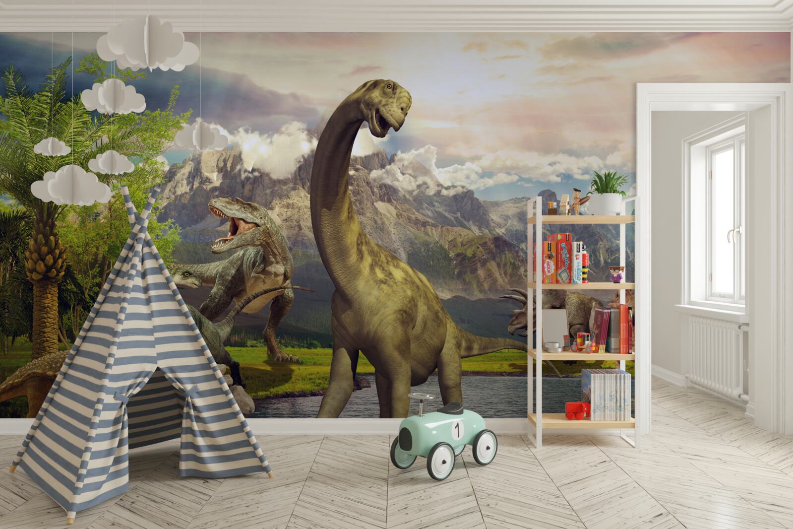 Fototapeten Erstaunliche Dinosaurier am Teich