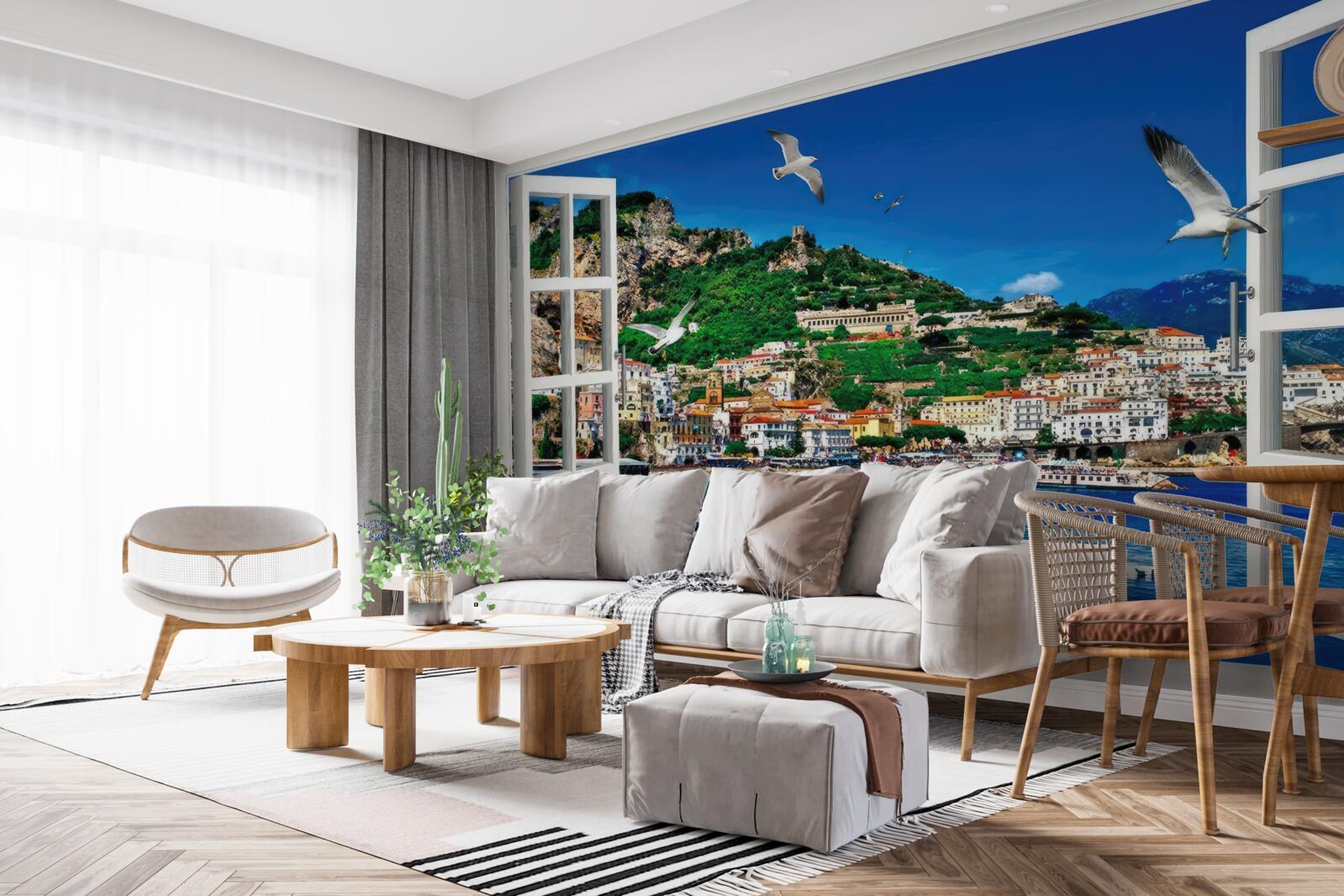 Fototapeten Ein Panoramablick auf das Meer und die Stadt vom Fenster
