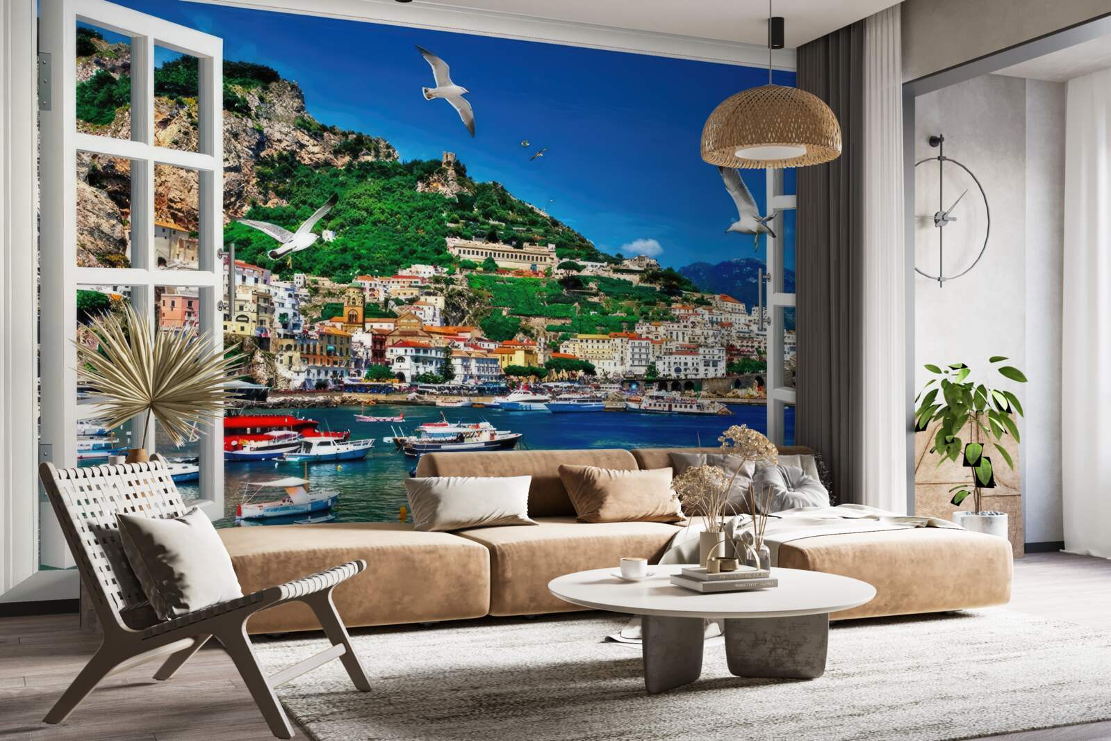 Fototapeten Ein Panoramablick auf das Meer und die Stadt vom Fenster