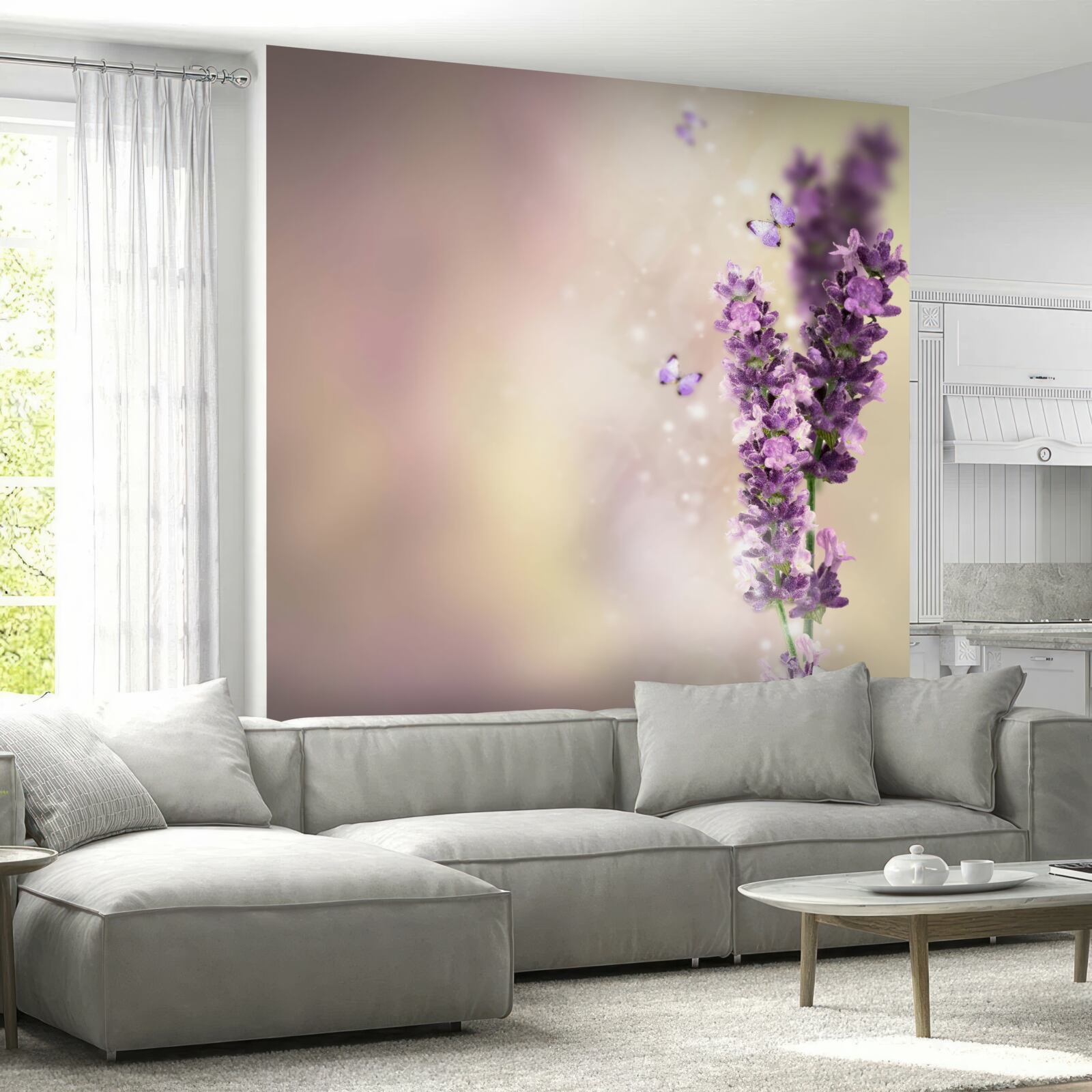 Fototapeten Lavendel umgeben von flatternden Schmetterlingen