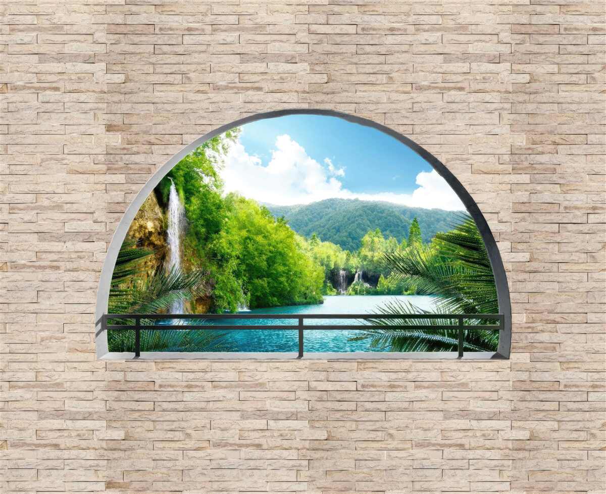 Fototapeten Ein Loch in der Wand, aus dem es eine malerische Aussicht auf die Natur gibt