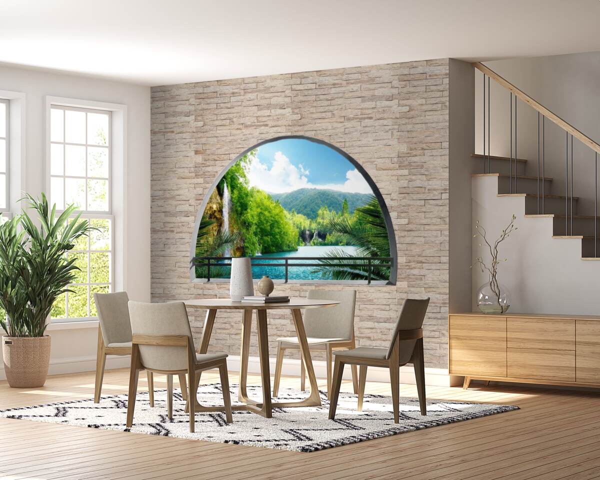 Fototapeten Ein Loch in der Wand, aus dem es eine malerische Aussicht auf die Natur gibt