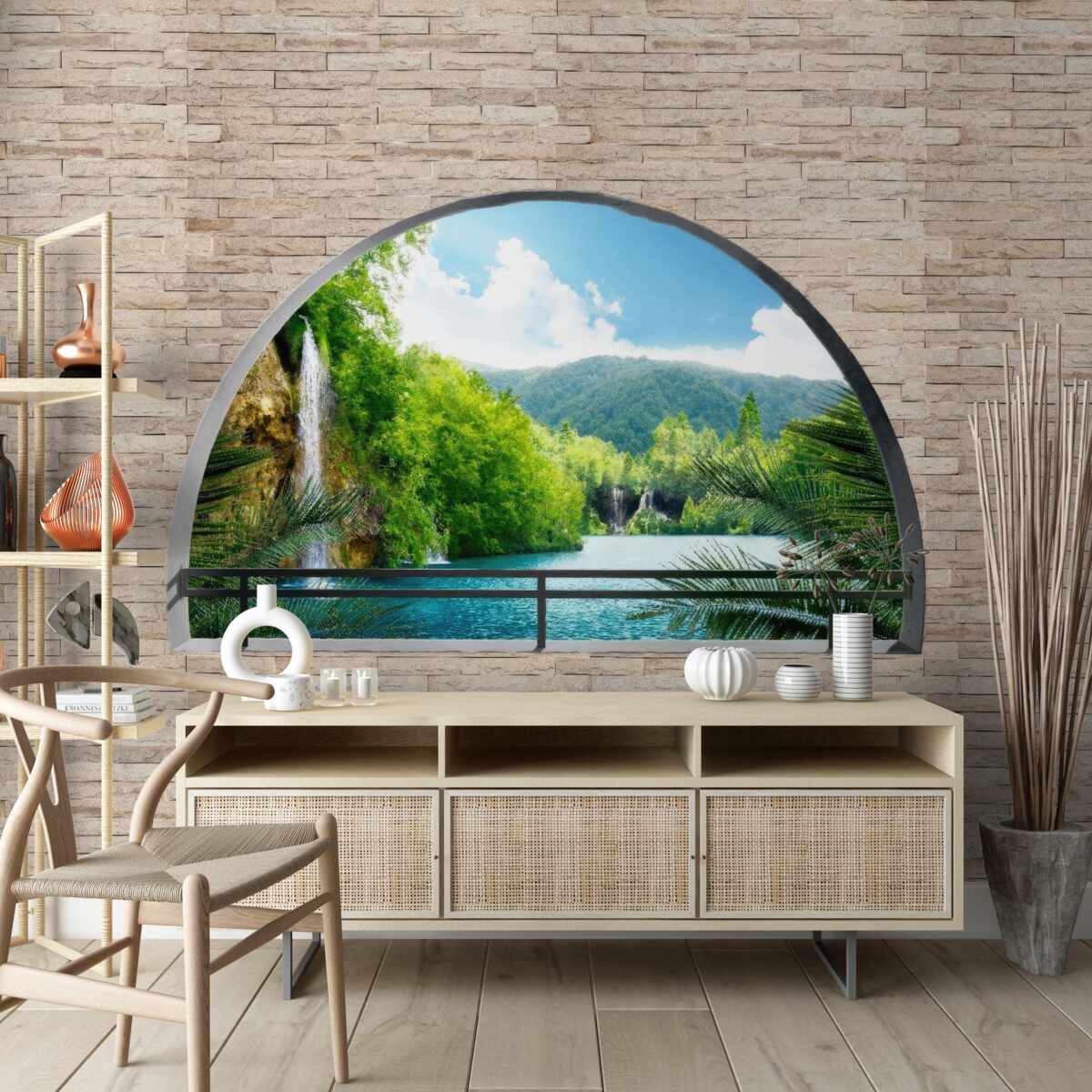 Fototapeten Ein Loch in der Wand, aus dem es eine malerische Aussicht auf die Natur gibt