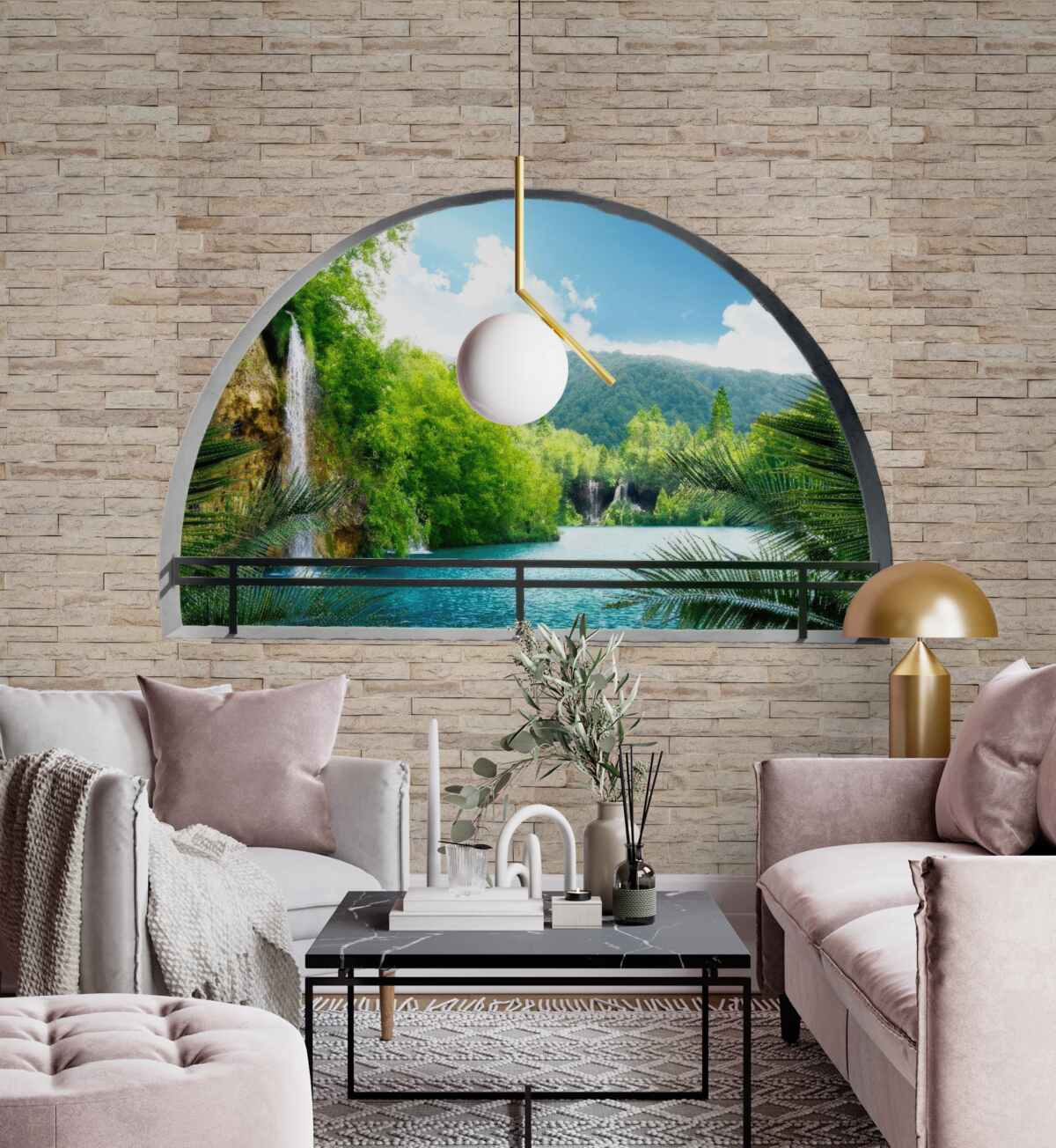 Fototapeten Ein Loch in der Wand, aus dem es eine malerische Aussicht auf die Natur gibt