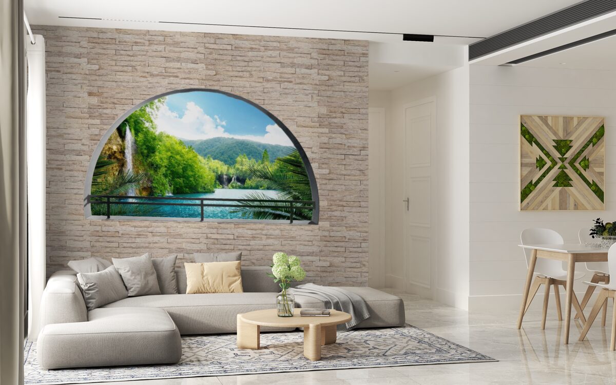 Fototapeten Ein Loch in der Wand, aus dem es eine malerische Aussicht auf die Natur gibt