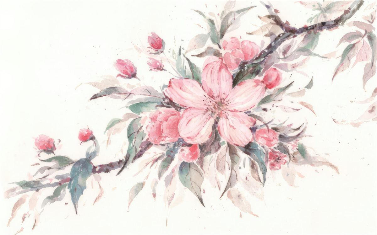 Fototapeten Ein Ast mit einer blühenden rosa Blume
