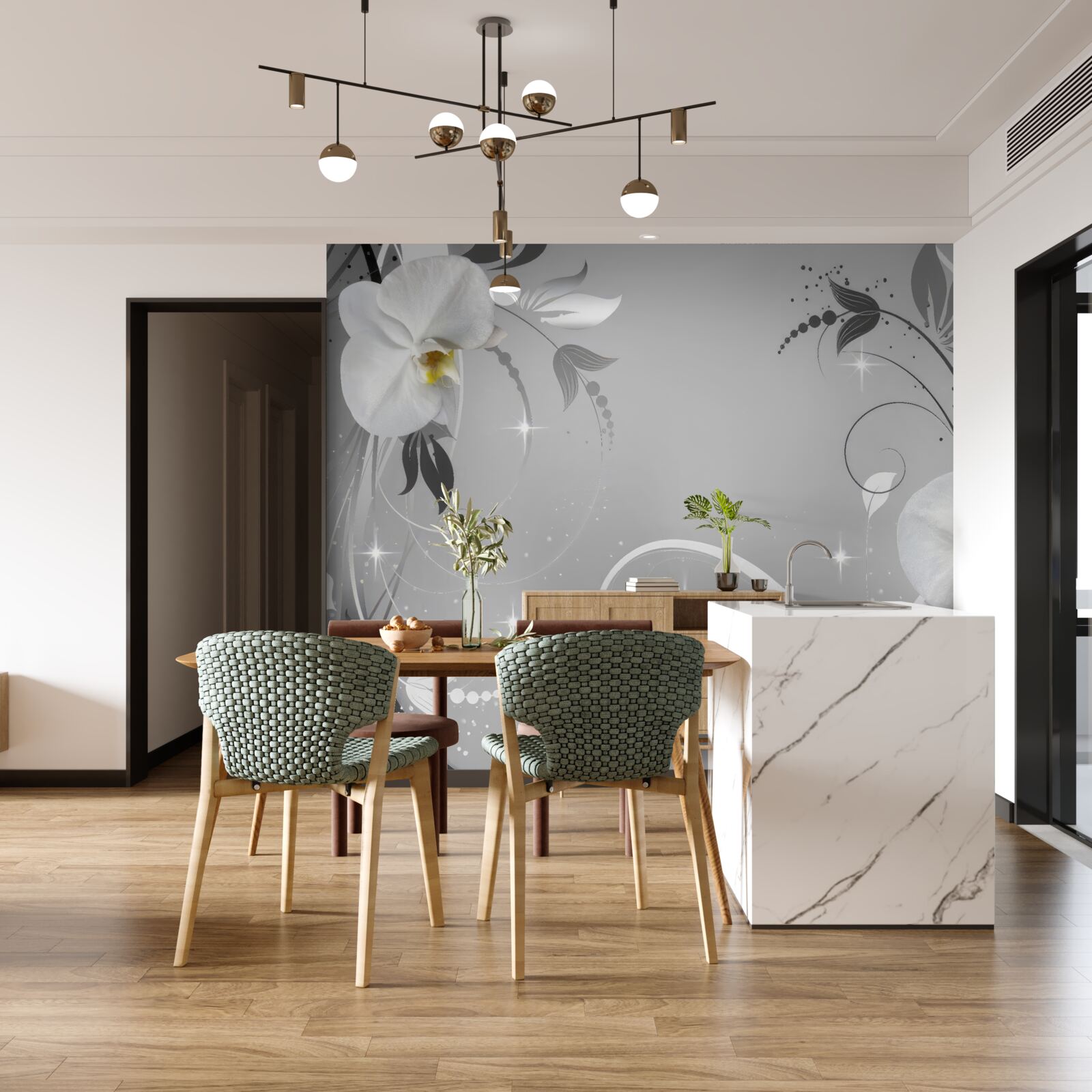 Fototapeten Weiße Orchideen und graue Blätter