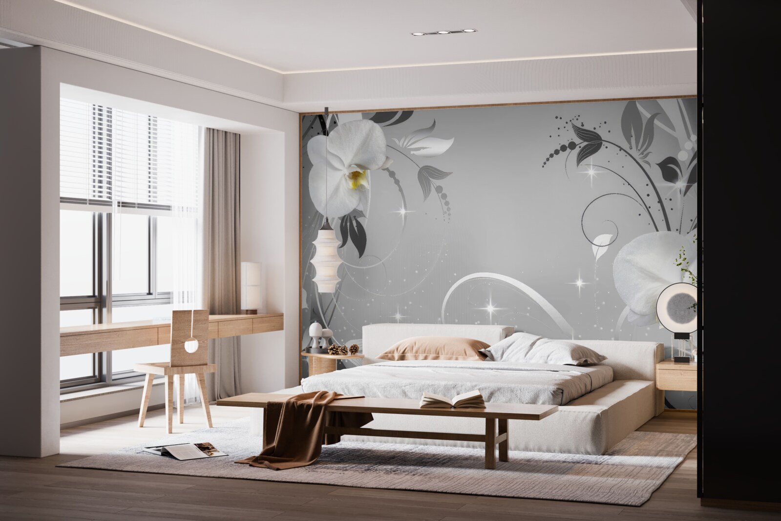 Fototapeten Weiße Orchideen und graue Blätter