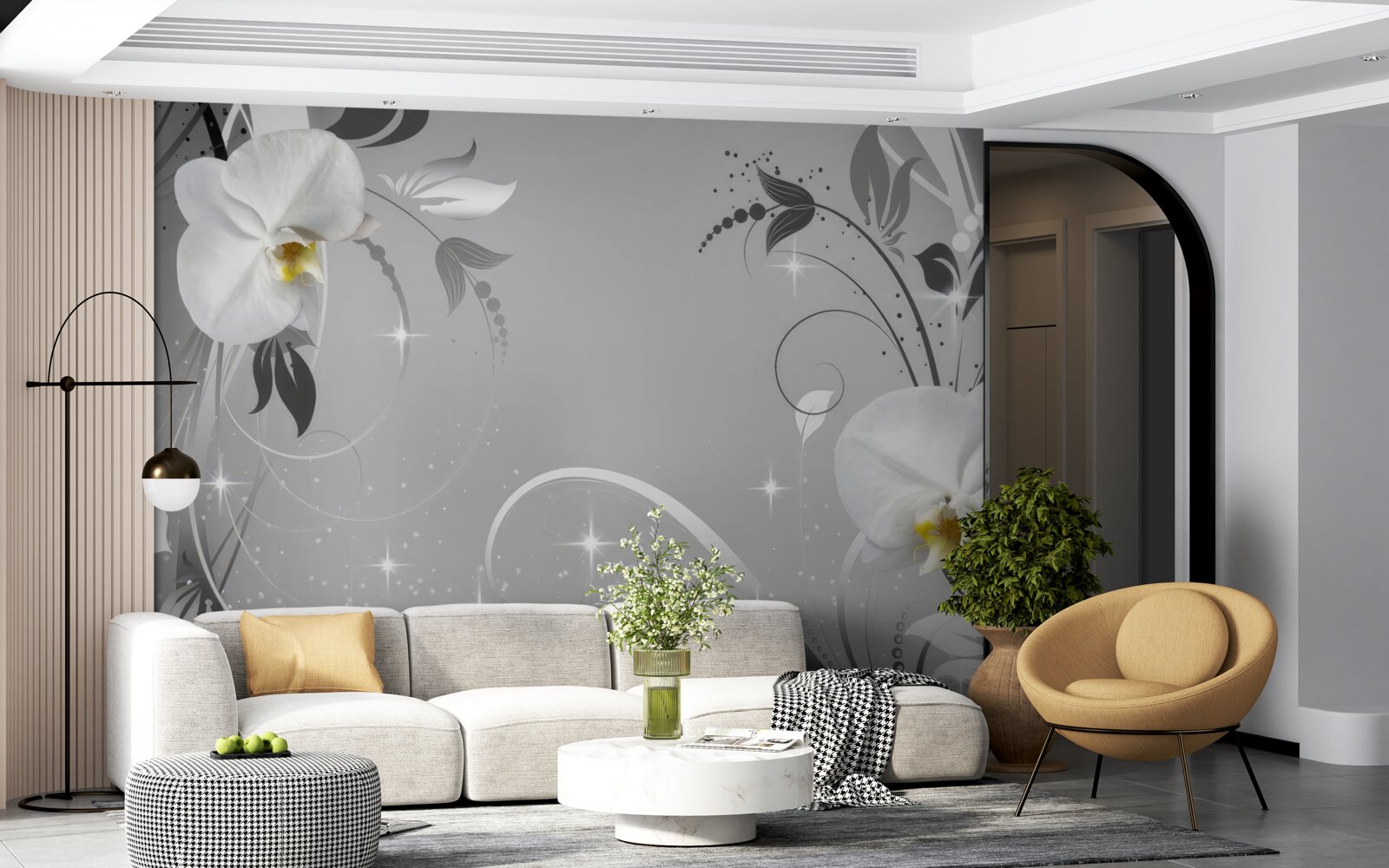 Fototapeten Weiße Orchideen und graue Blätter