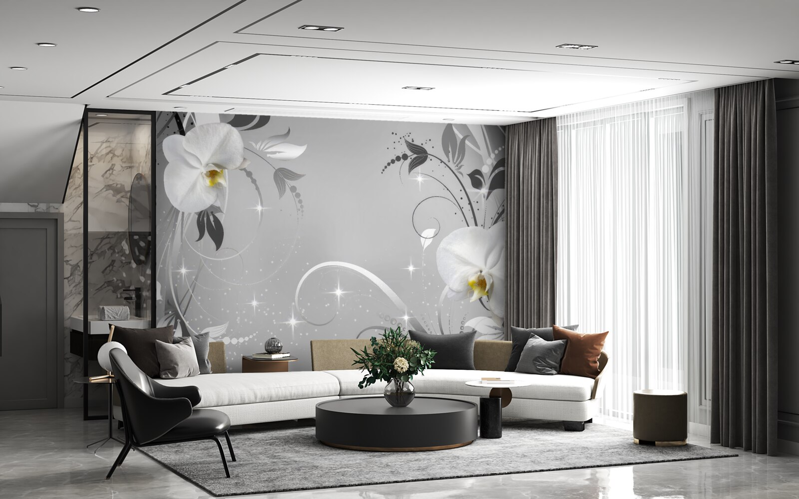 Fototapeten Weiße Orchideen und graue Blätter