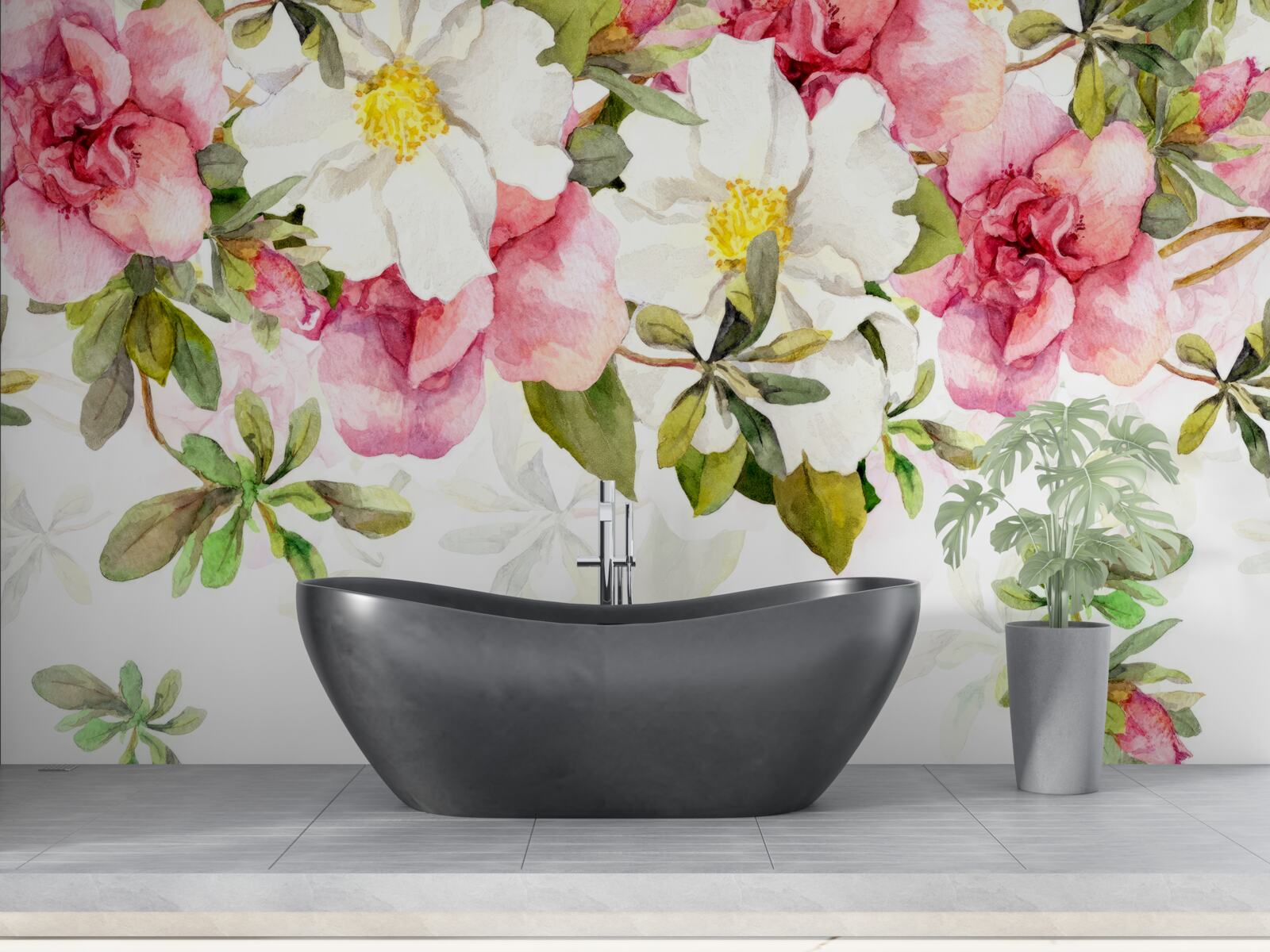 Fototapeten Weiße Gänseblümchen und rosa Rosen
