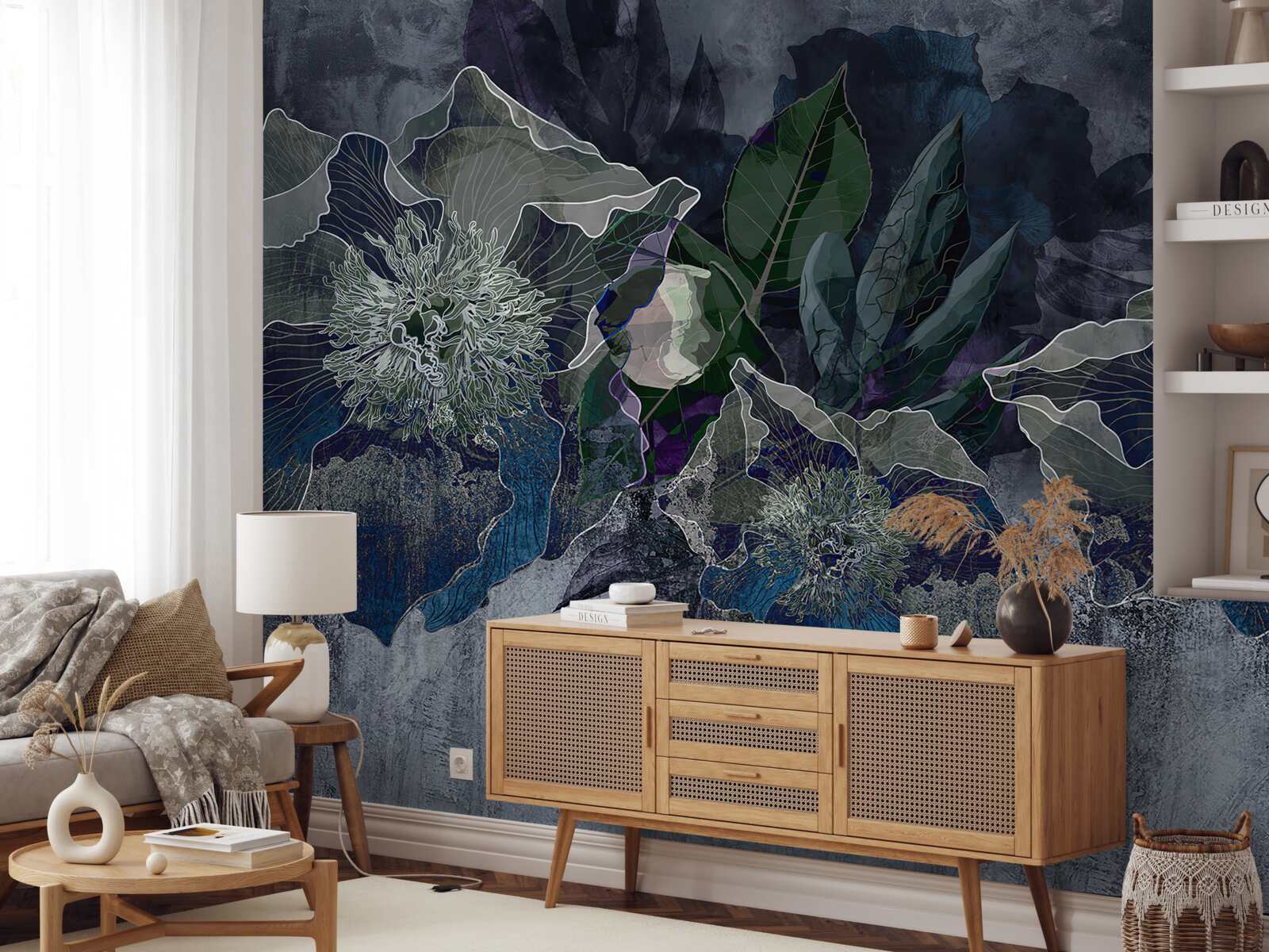 Fototapeten Blüten mit Aquarell auf grauem Boden gemalt