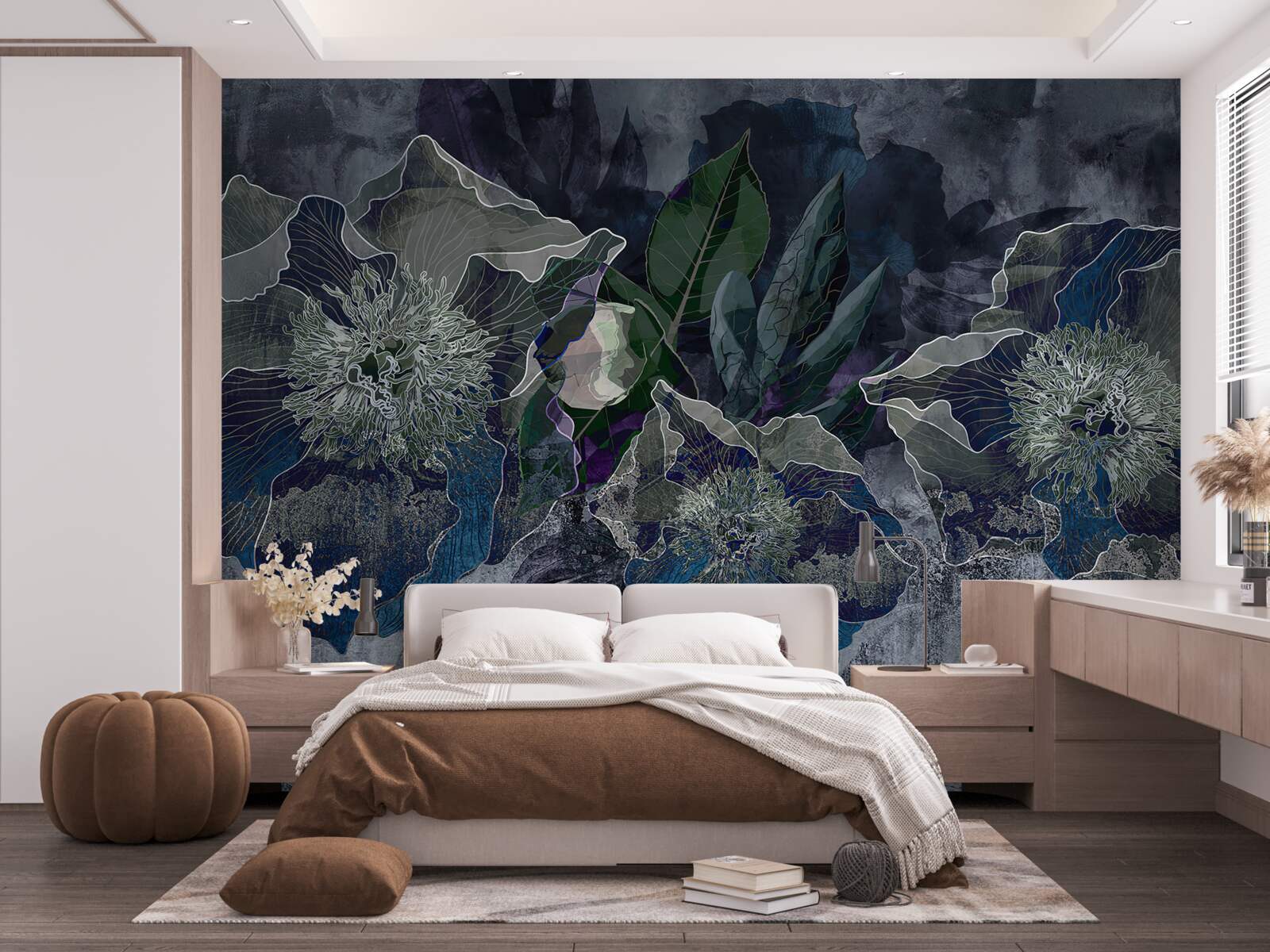 Fototapeten Blüten mit Aquarell auf grauem Boden gemalt