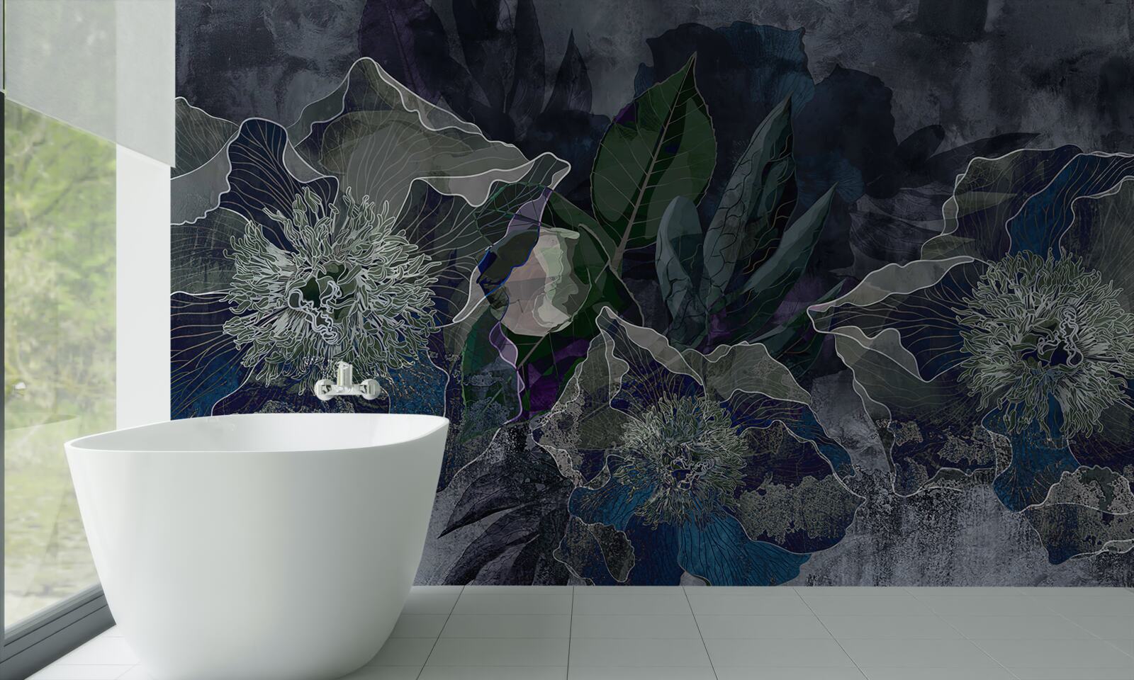 Fototapeten Blüten mit Aquarell auf grauem Boden gemalt
