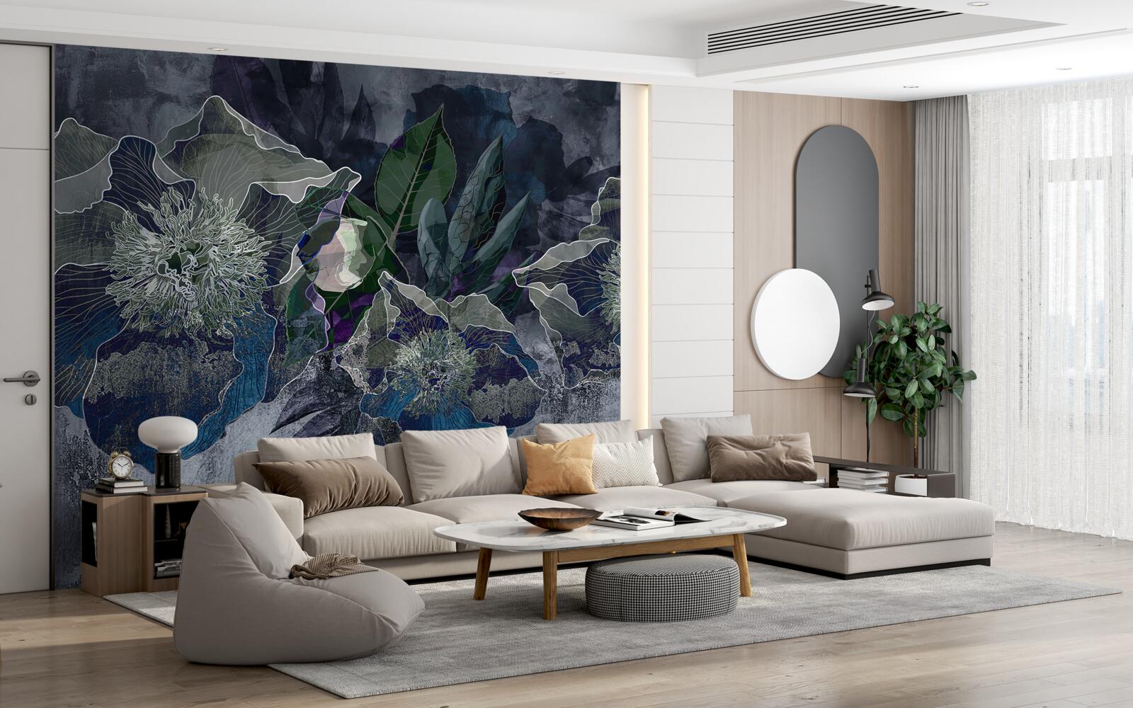 Fototapeten Blüten mit Aquarell auf grauem Boden gemalt