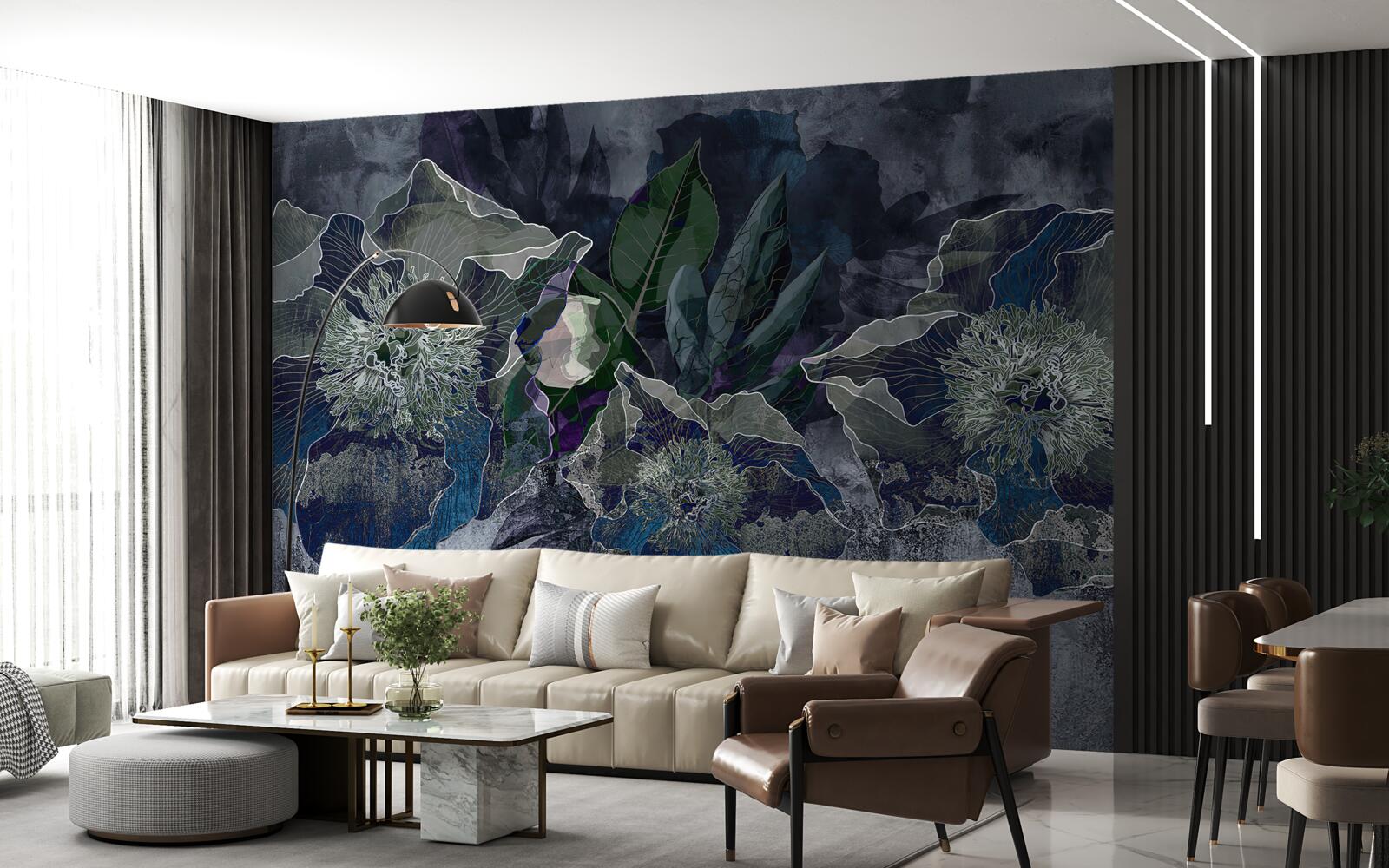 Fototapeten Blüten mit Aquarell auf grauem Boden gemalt