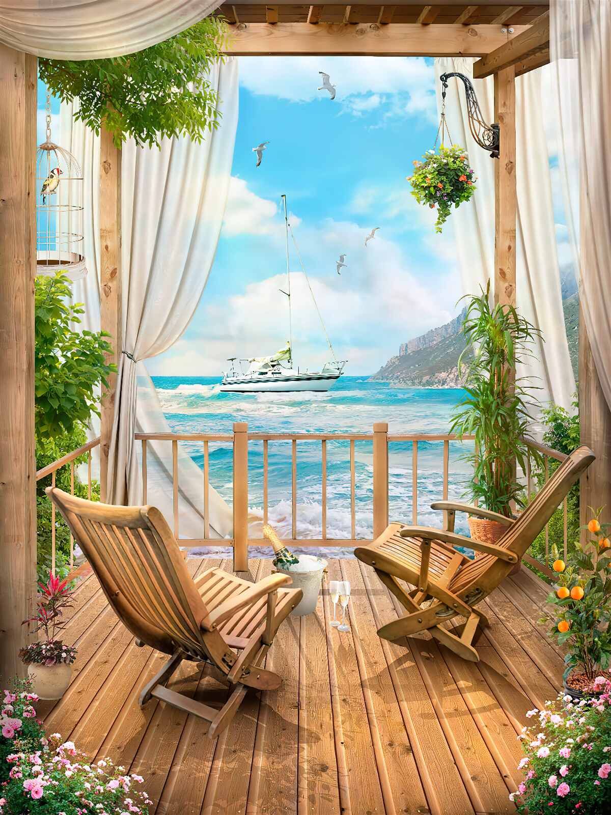 Fototapeten Stühle auf der Terrasse mit einer atemberaubenden Landschaft