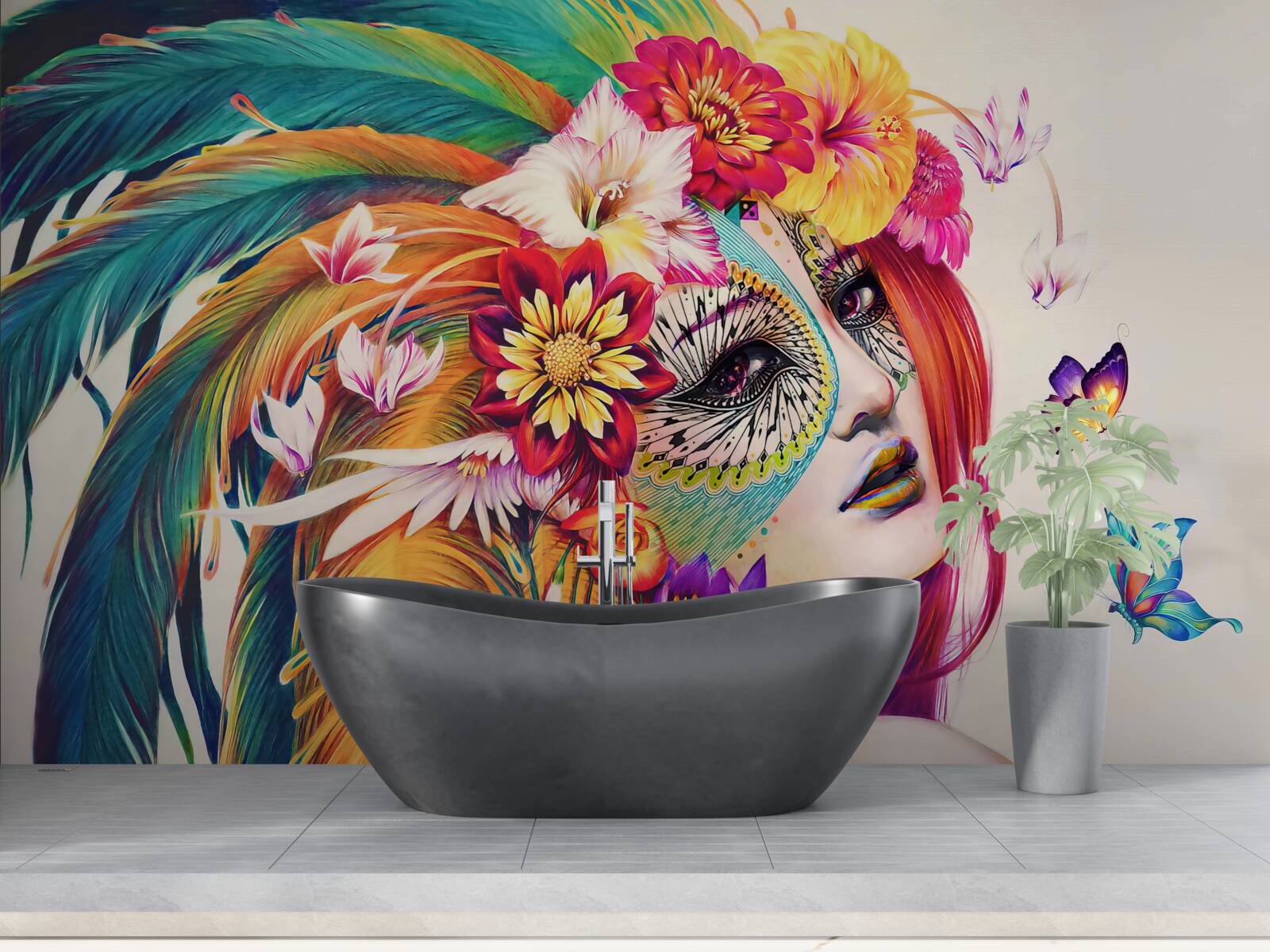 Fototapeten Ein Mädchen mit hellen Federn und Blumen in ihren Haaren