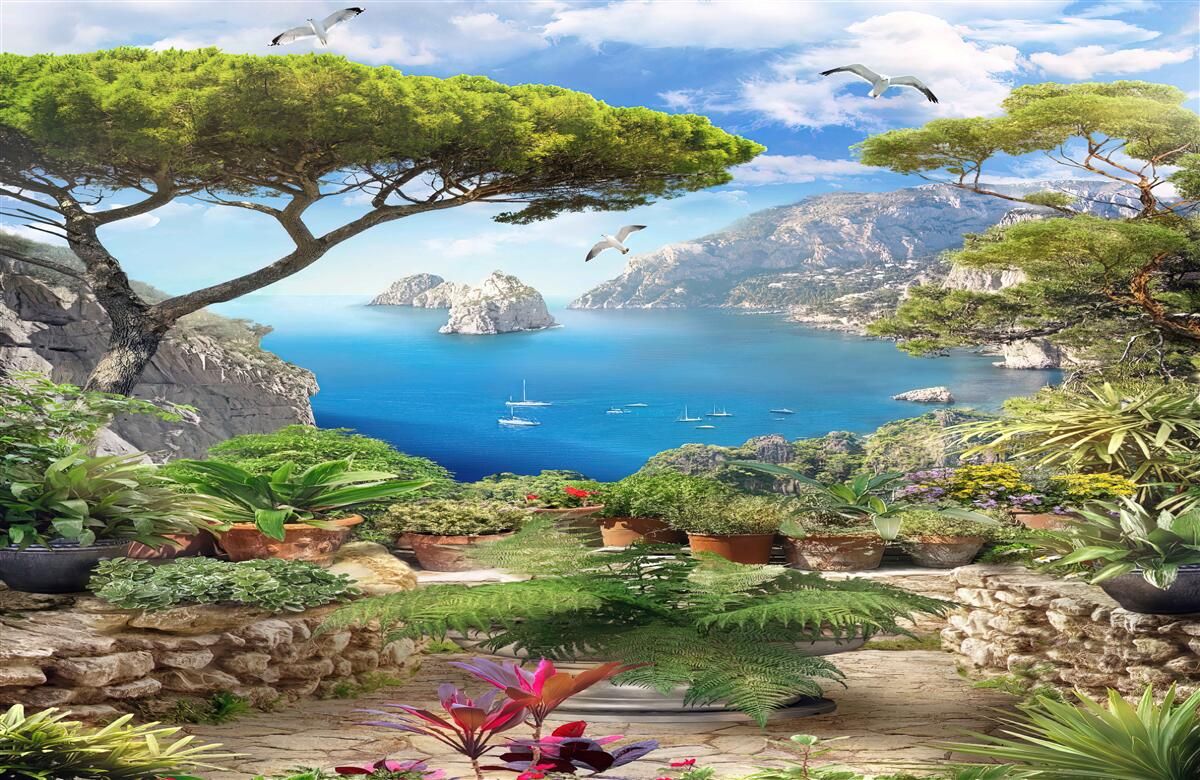 Fototapeten Eine Wiese in Blumen mit Blick auf die Stadt und das Meer