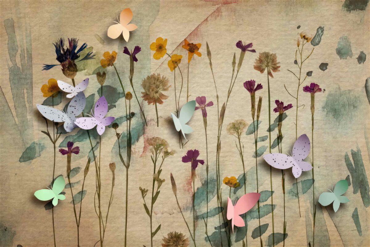 Fototapeten Umfangreiche Blumen und Schmetterlinge in der Zeichnung