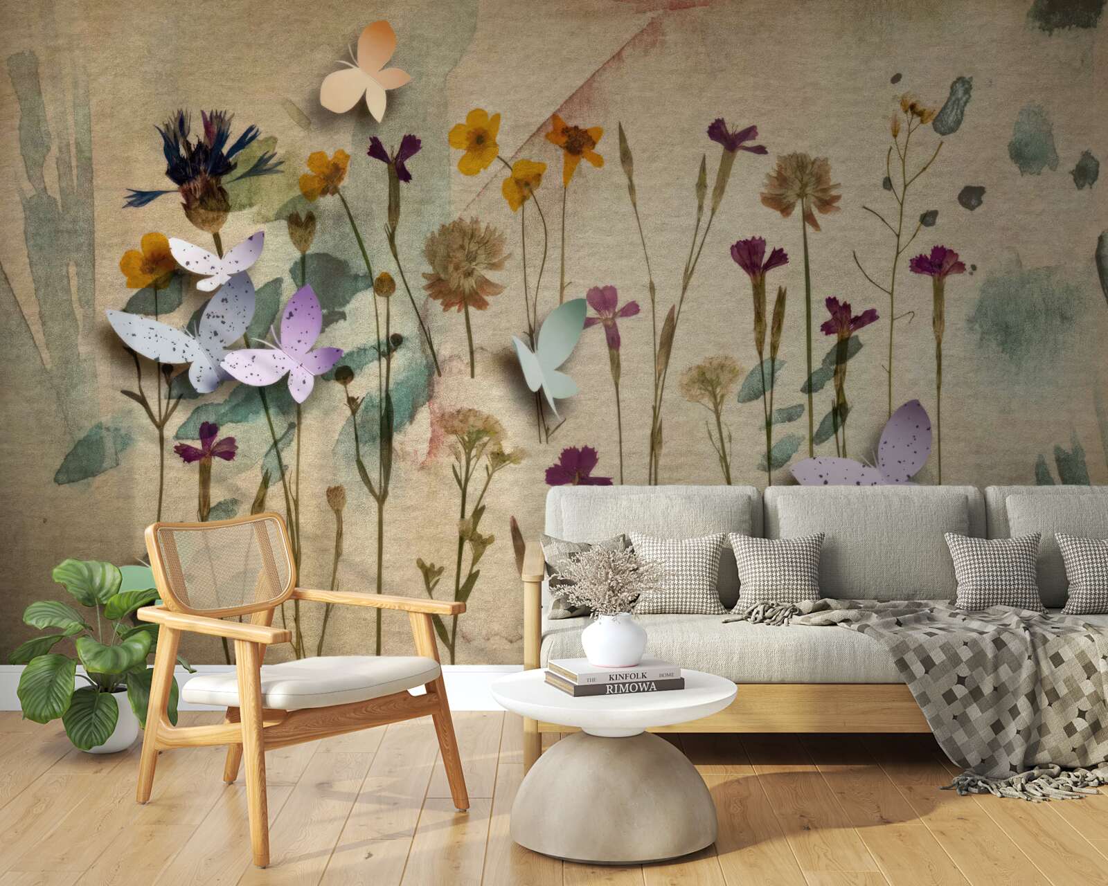 Fototapeten Umfangreiche Blumen und Schmetterlinge in der Zeichnung