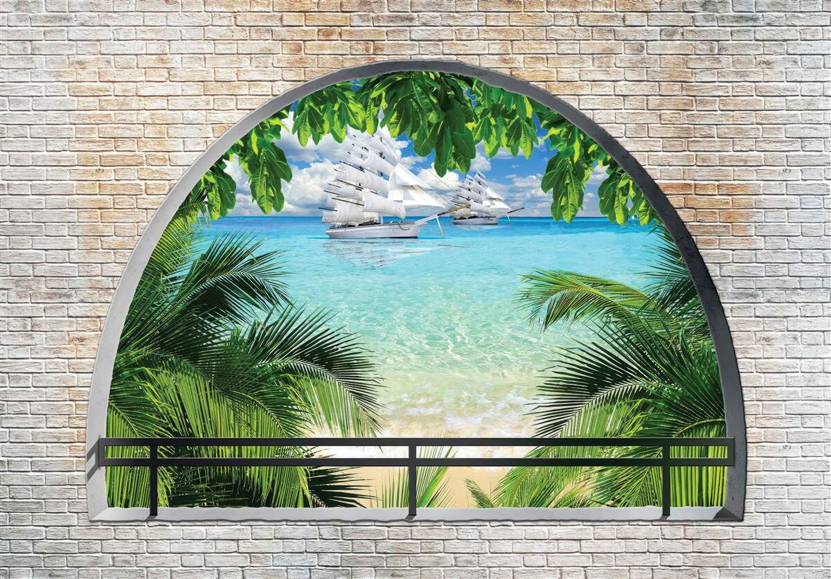 Fototapeten Ein Fenster in einer Mauermauer mit Blick auf das Meer und die Yachten mit schneebedeckten Segeln