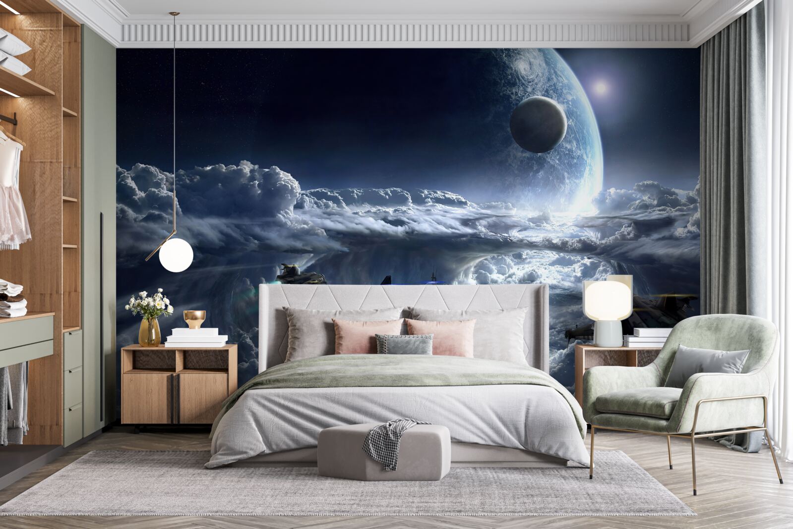 Fototapeten Dicke Wolken vor dem Hintergrund eines großen Planeten