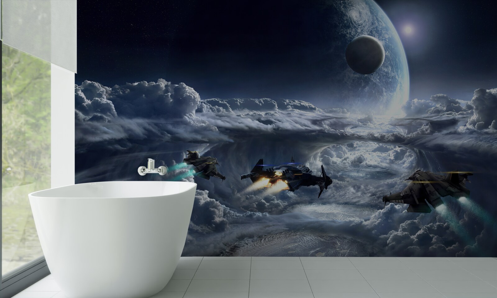 Fototapeten Dicke Wolken vor dem Hintergrund eines großen Planeten