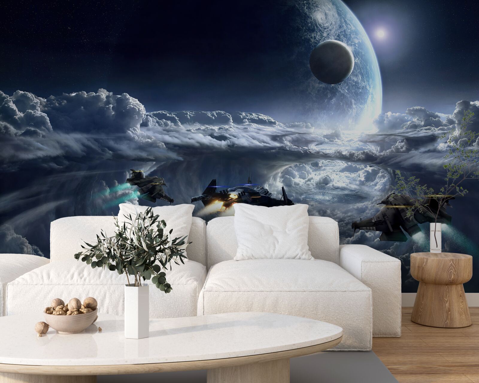 Fototapeten Dicke Wolken vor dem Hintergrund eines großen Planeten