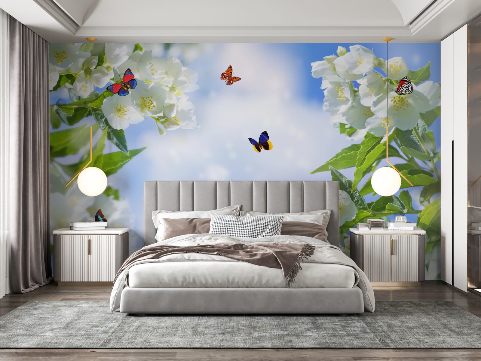 Fototapeten Schmetterlinge fliegen in den Blumen