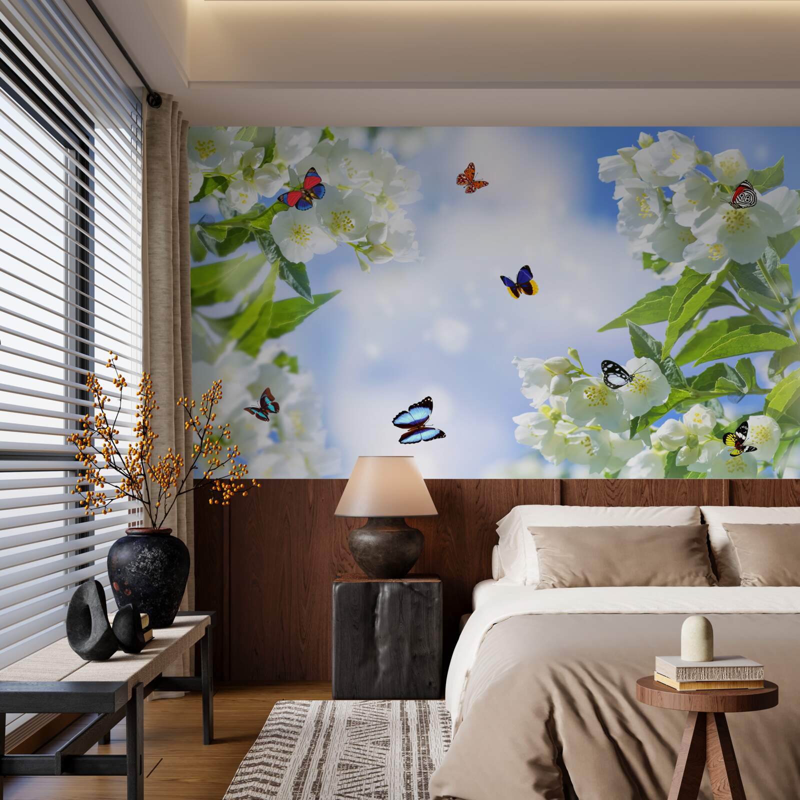 Fototapeten Schmetterlinge fliegen in den Blumen
