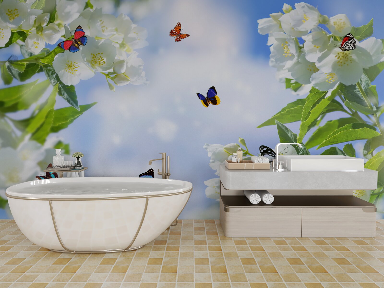 Fototapeten Schmetterlinge fliegen in den Blumen