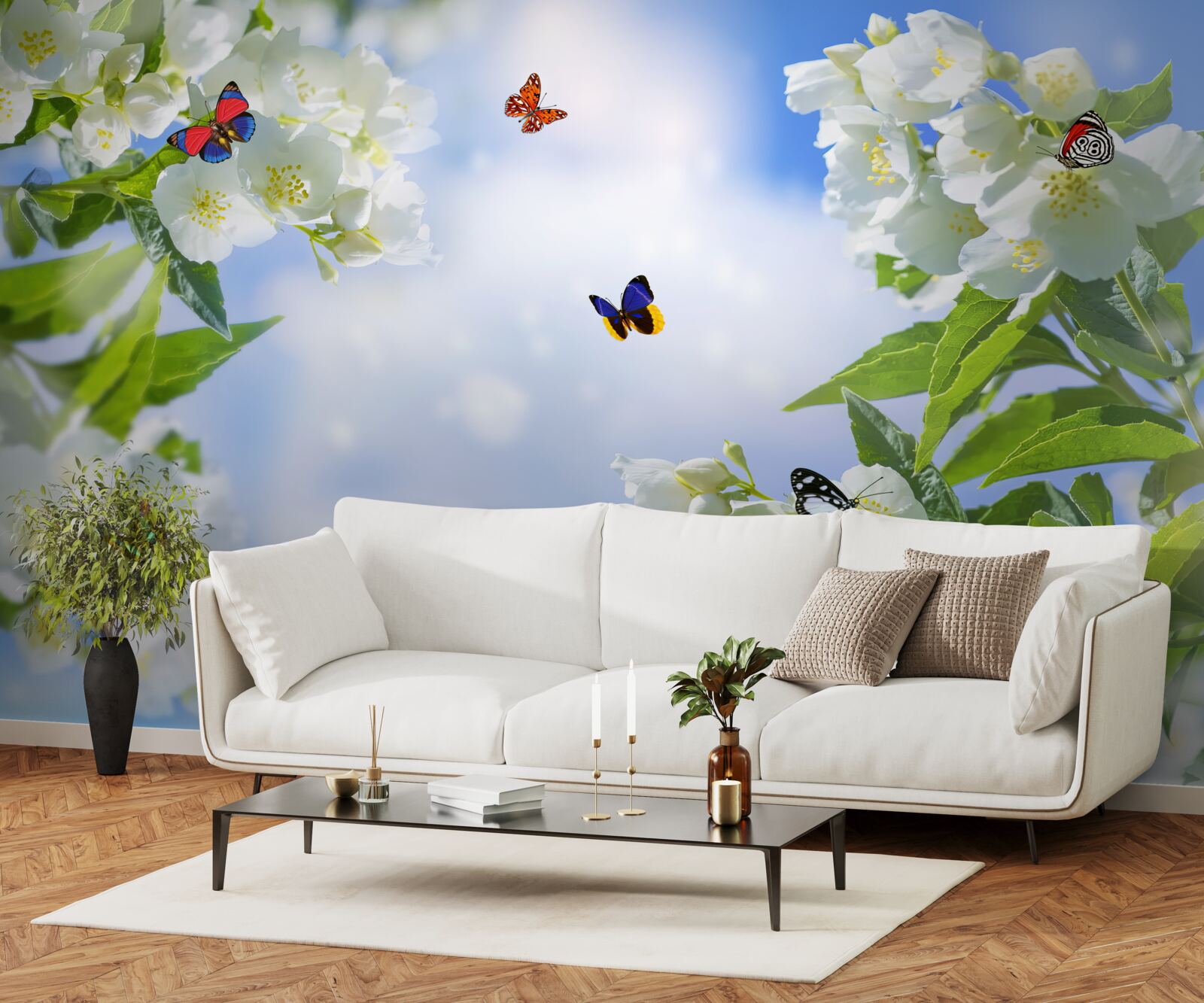Fototapeten Schmetterlinge fliegen in den Blumen