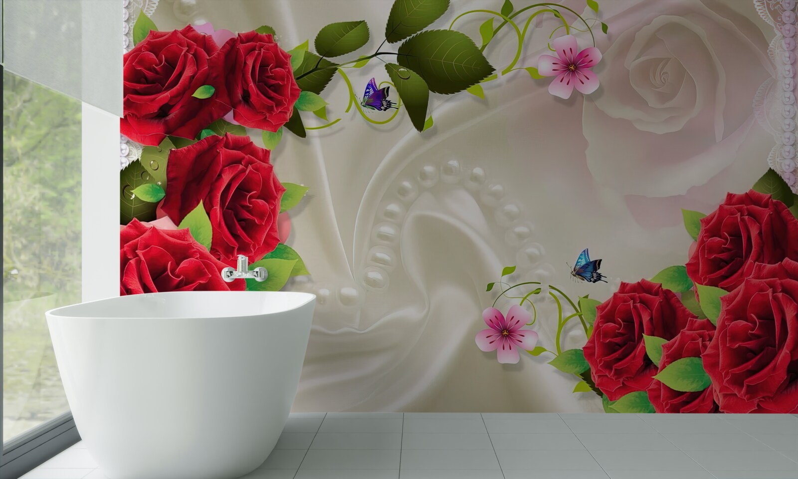 Fototapeten Scharlachrote Rosen für schneeweißes Satinstoff