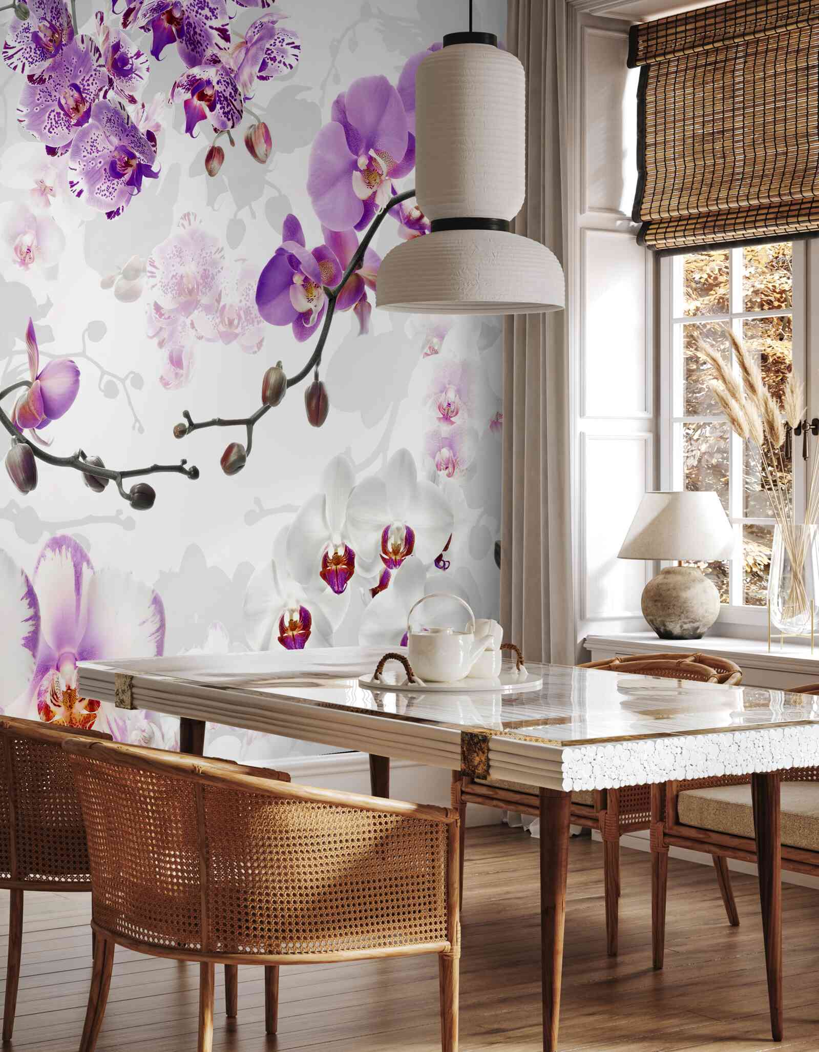 Fototapeten Ein Ast mit blühenden lila Orchideen