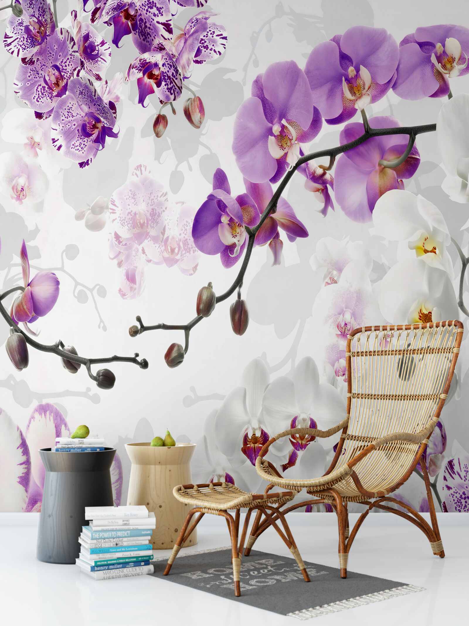 Fototapeten Ein Ast mit blühenden lila Orchideen