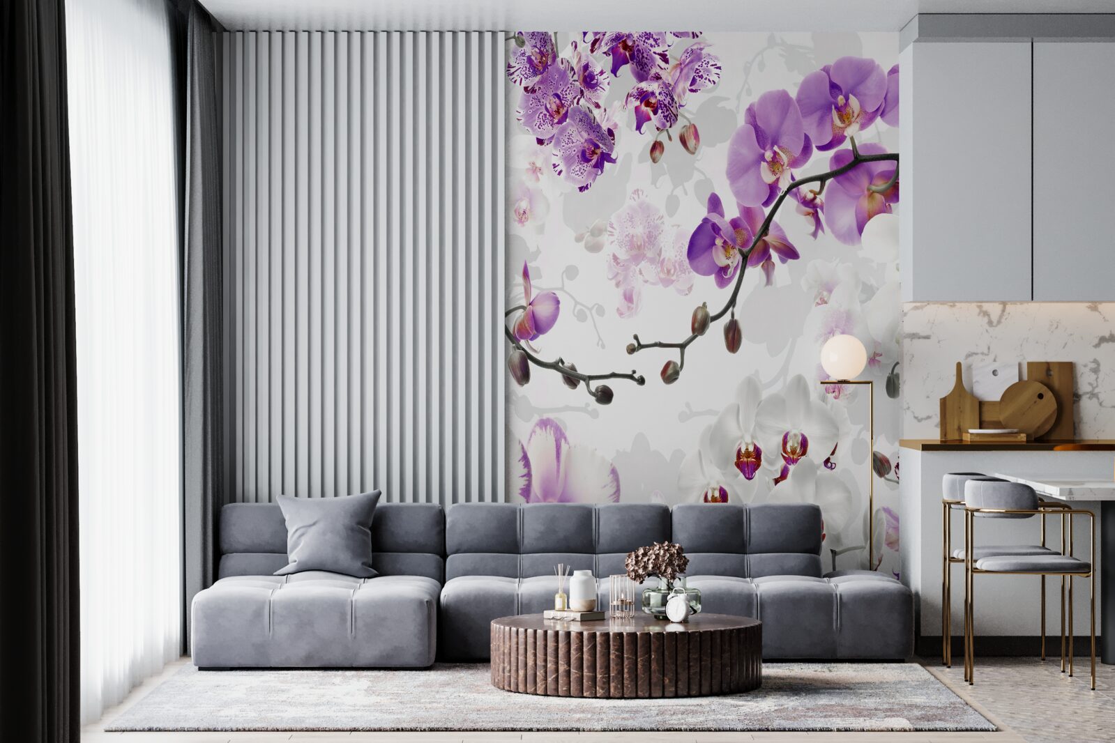 Fototapeten Ein Ast mit blühenden lila Orchideen
