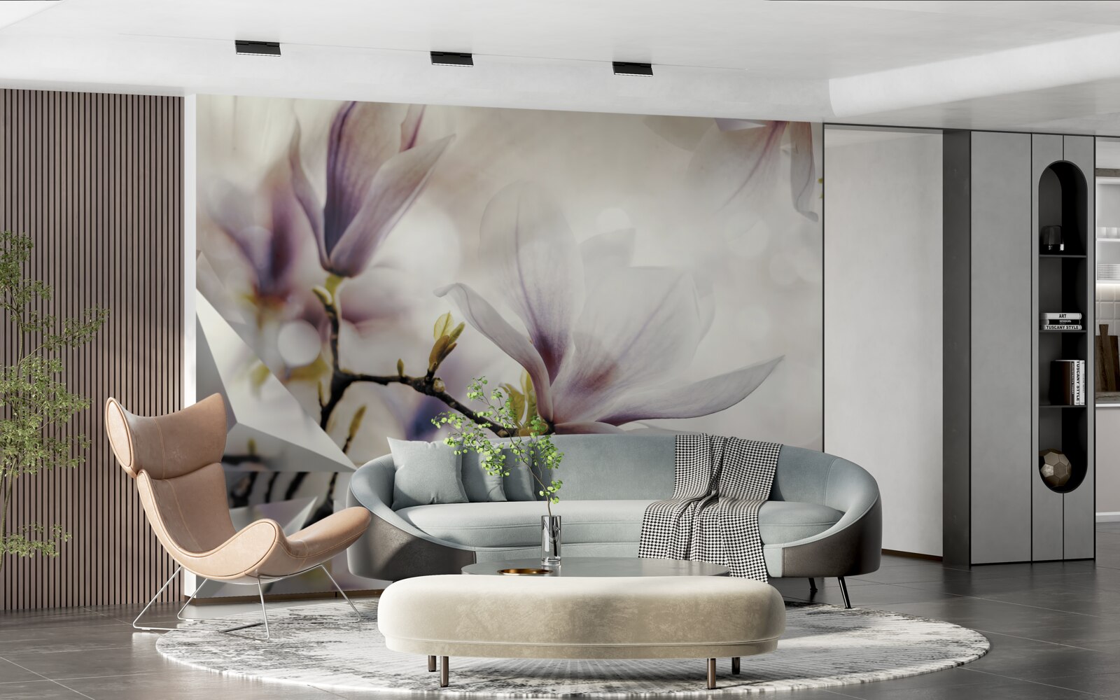 Fototapeten Große lila Blüten und weiße Formen