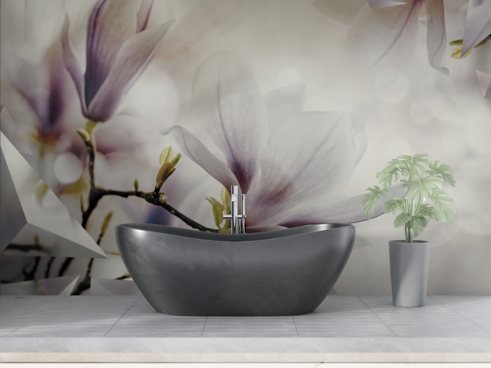 Fototapeten Große lila Blüten und weiße Formen