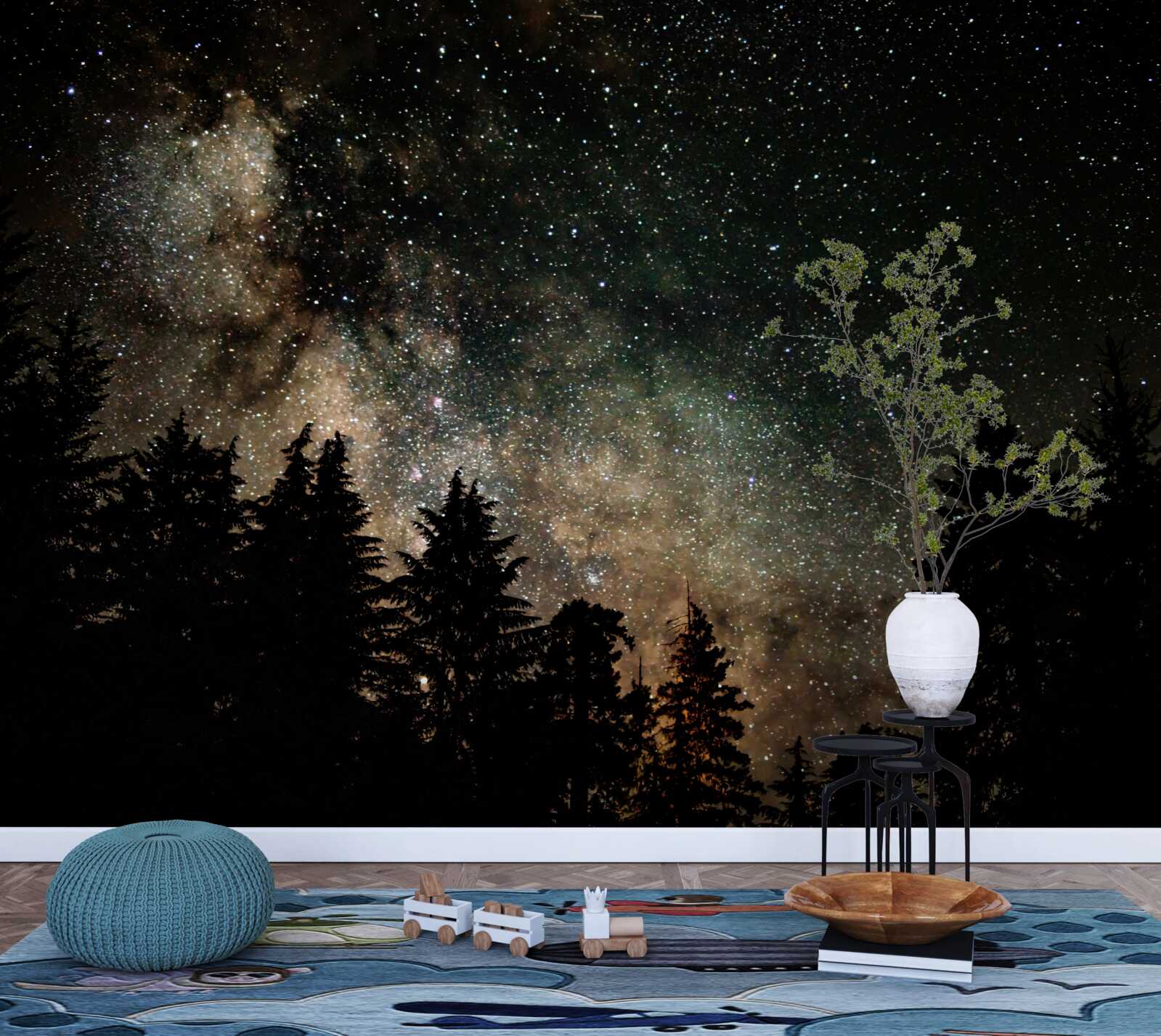Fototapeten Wald in der Nacht und ein Sternenhimmel