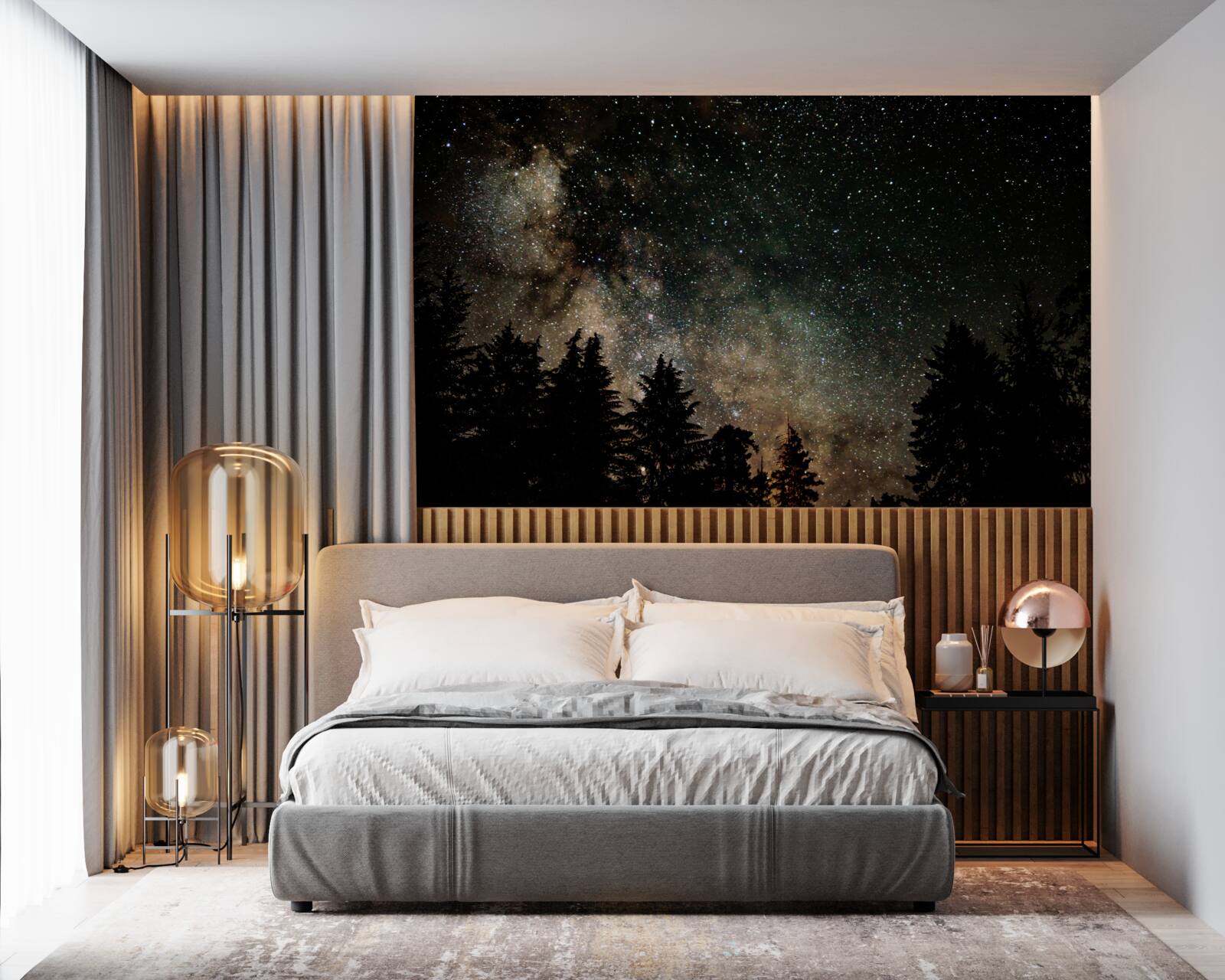 Fototapeten Wald in der Nacht und ein Sternenhimmel